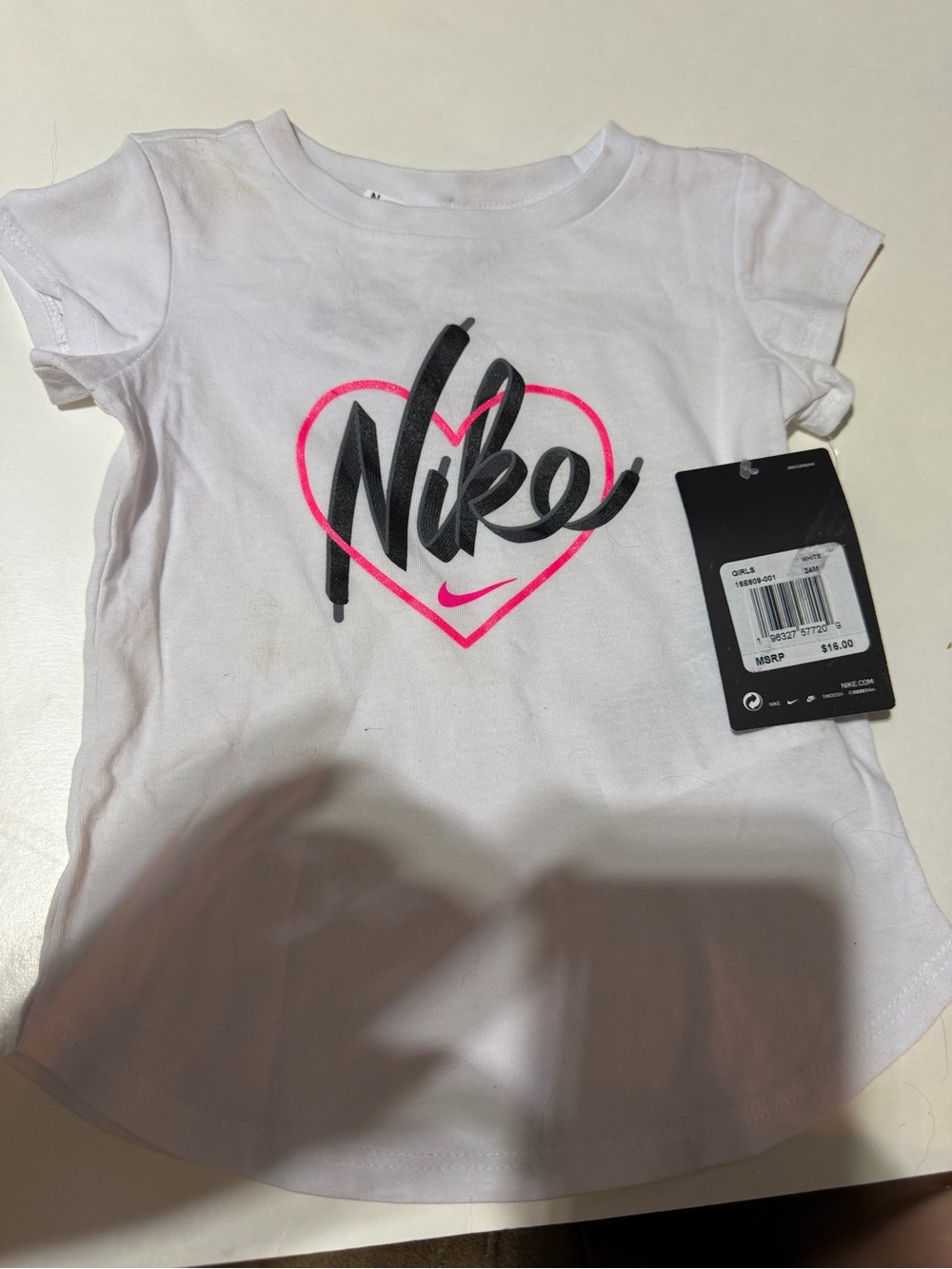 Nike White Tee with Pink Heart and Black Logo